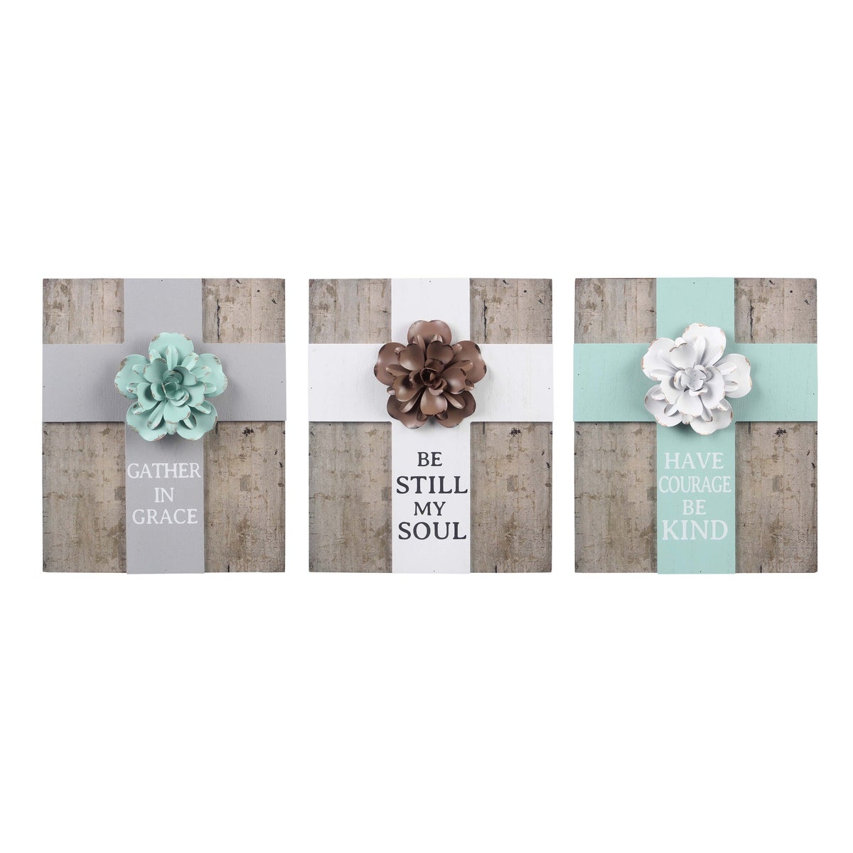 Wood Box Tabletop/Wall Sign with 3D Cross and Metal Flower Design, 3 Assorted
