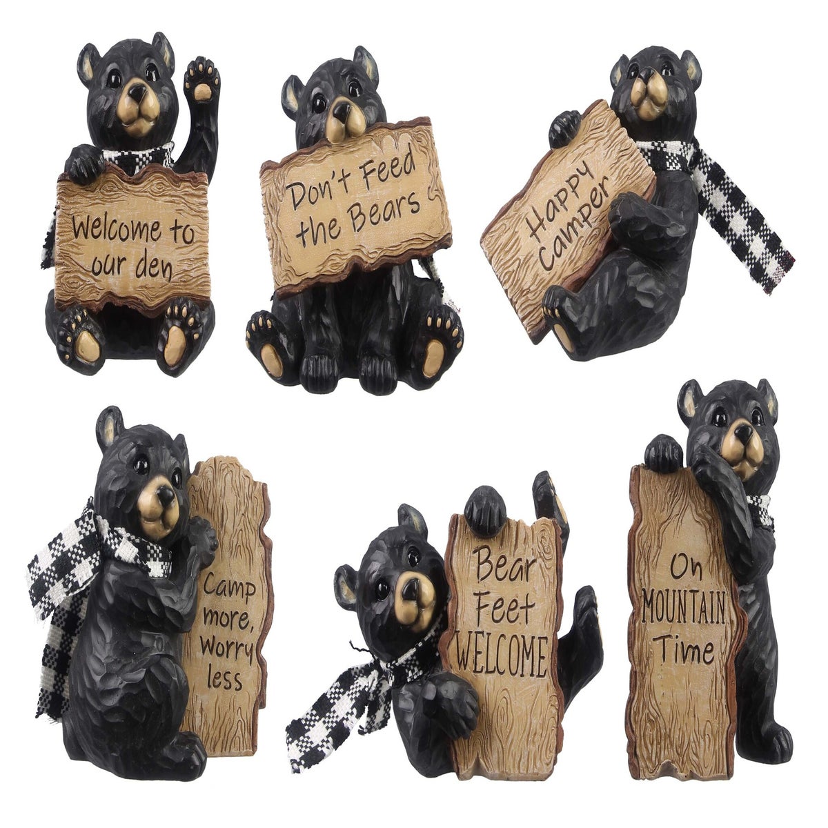 Resin Mini Bear with Buffalo Plaid Scarf Holding Signs 6 Ast