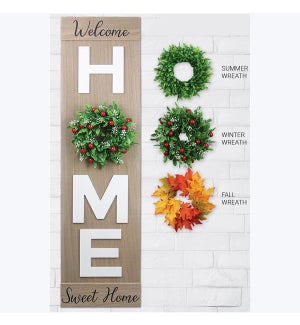Wood HOME Door Leaner Sign Includes Three  Interchangeable Seasonal Wreaths