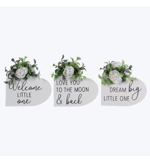 Wood Baby and Love Heart-Shaped Tabletop Signs with Artificial Flowers, 3 Assortment
