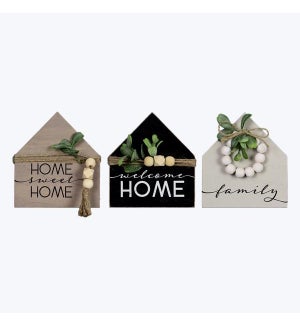 Wood Rustic Modern House Block Signs with Beads & Artificial. 3 Ast