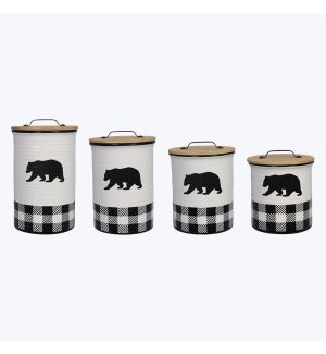 Buffalo Plaid Bear Cabin Ceramic Canister with Wood Lid, 4pcs/set