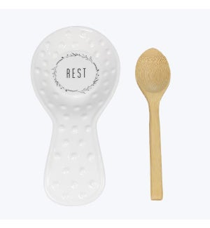 Cottage Core Ceramic Spoon Rest with Bamboo Spoon