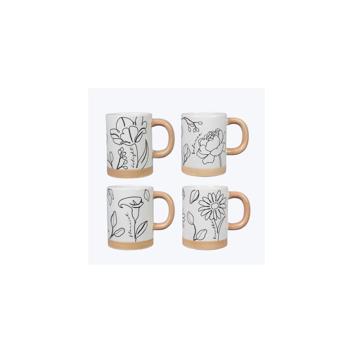 Ceramic Floral Line Art 15oz Mugs, 4 Assorted
