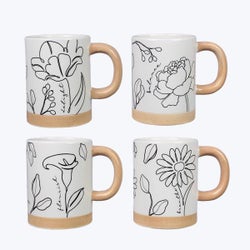 Ceramic Floral Line Art 15oz Mugs, 4 Assorted