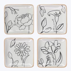 Ceramic Floral Line Art Trinket Dishes, 4 Ast.