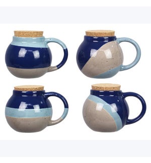 Ceramic Artistic Blue Mug with Cork Lid, 4 Ast.