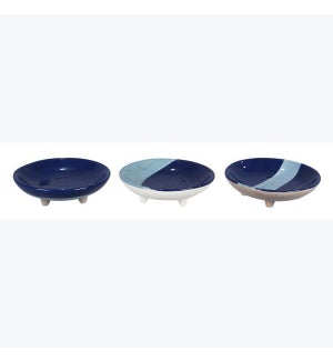 Ceramic Artistic Blue Trinket Dish on Pedestal Legs, 3 Ast.