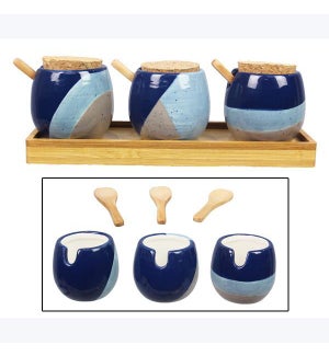 Ceramic Artistic Blue 3 Spice Cellar Jars with Wood Spoon and Cork Top