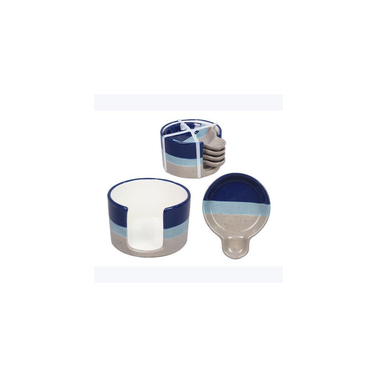 Ceramic Artistic Blue Snack Plates with Holder, 5 pcs set