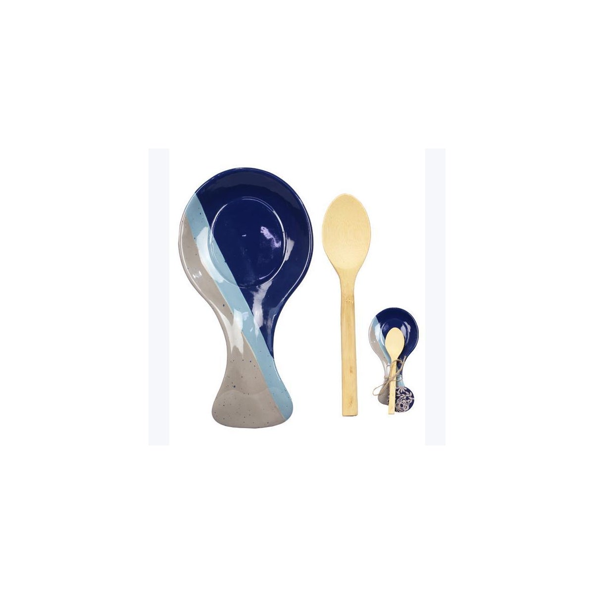 Ceramic Artistic Blue Spoon Rest with Wood Spoon.