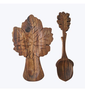 Acacia Wood Leaf Spoon Rest with Spoon