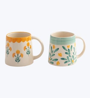 Ceramic Hand Painted Mugs with Yellow Floral Design 2 Ast