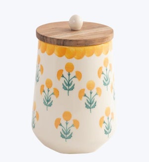 Ceramic Yellow Flower Cansister w/ Wood Lid Large