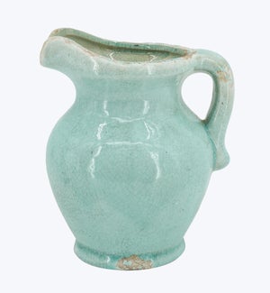 Ceramic Muted Turquoise Pitcher Vase with Antique Finish Decor