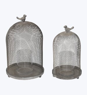 Vintage Metal Mesh Cloche With Perched Bird Tabletop Decor Candle Holder 2/Set