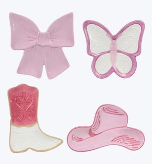 Ceramic Butterfly/Cowgirl Hat/Cowgirl Boot and Guitar Shaped Dishes 4 Ast