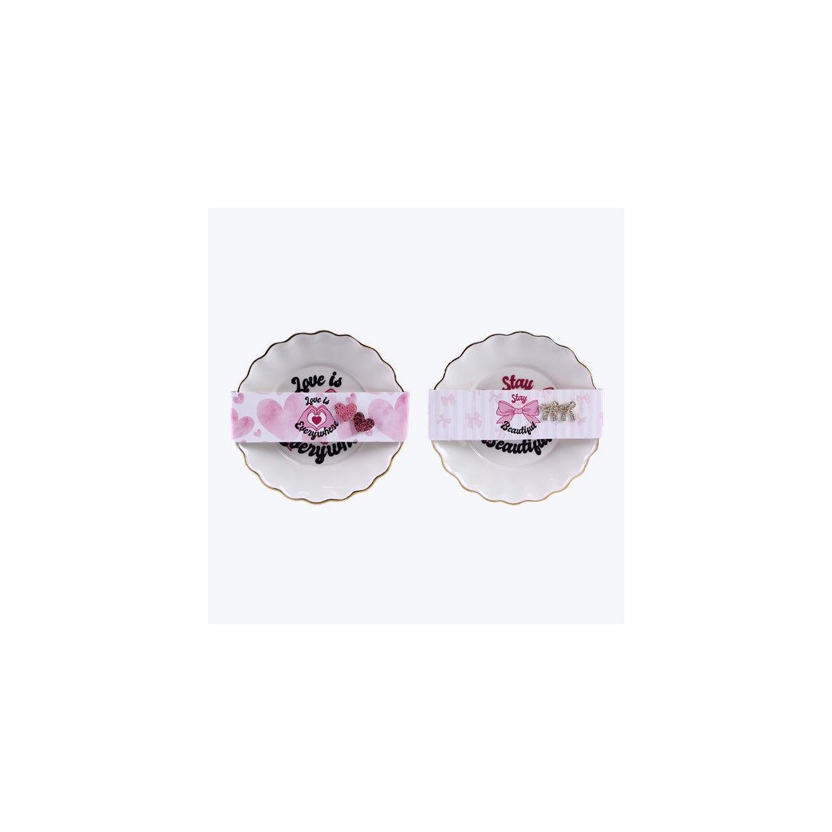 Ceramic Bow and Heart Gesture Hands Trinket Dish with Earring Gift Set 2 Ast