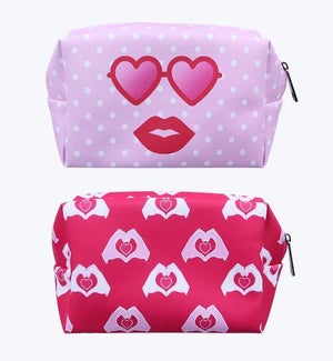 Heart Hands and Sunglasses Patterned PU Makeup Bags 2 Ast
