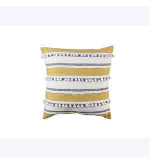Cotton Hand Woven Pillow with Poms, Gold