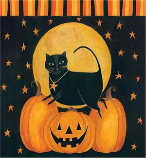 Wood Painted Black Cat on Pumpkin Wall Plaque