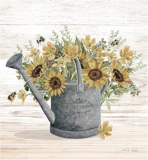 Wood Painted Fall Foliage and Sunflowers in Metal Watering Can Wall Plaque