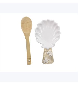 Ceramic Beach Boho Shell Design Spoon Rest with Spoon, 2 pcs/Set