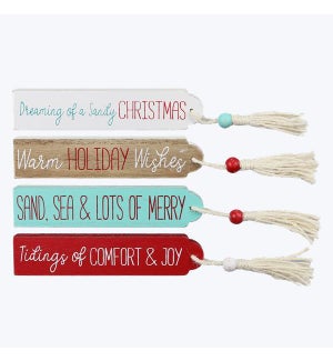 Wood Christmas Nautical Small Sparkle Block Sign with Tassel, 4 Ast.