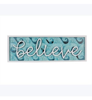 Wood Framed Nautical Mosaic Design Christmas Wall Sign, Believe. Blue, White
