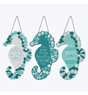 Wood Nautical Seahorse Christmas Wall Sign with Faux Sea Glass Trim, 3 Assorted