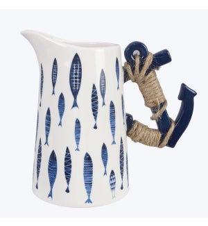 Ceramic Pitcher with Fish Design and Anchor Handle, Blue