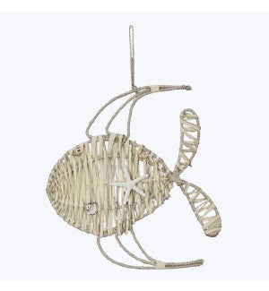 Rope Weaved Straw Fish Wall Hanger W/Shells
