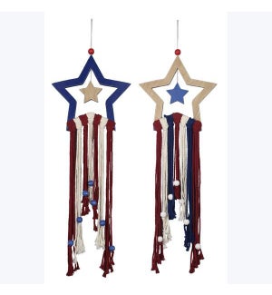 Wood Star with Macrame Patriotic Wall Art, 2 Assorted Wood/