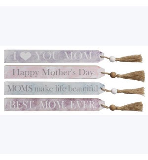 Wood Mom Long Tabletop Block Sign with Tassel, 4 Assortment. Wood/MDF