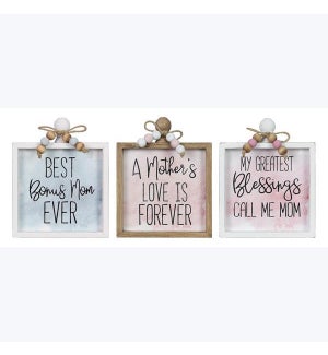 Wood Framed Mom Tabletop Sign with Knob Handle, 3 Assortment