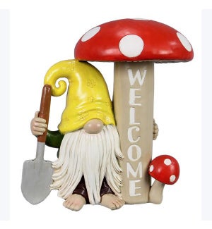 8'' Resin Gnome w/ Welcome Mushroom Sign