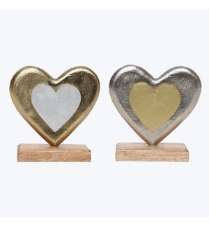 Aluminium Heart with Wood Base, 2 Ast.