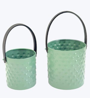 Metal Hobnail Sage Green Planter w/ Handle and Drainage Hole 2/Set