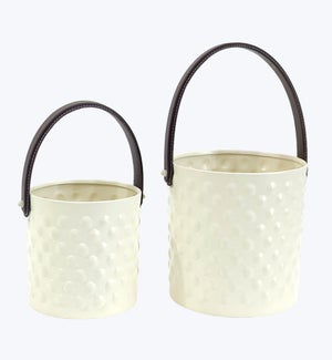 Metal Hobnail Cream Color Planter w/ Handle and Drainage Hole 2/Set