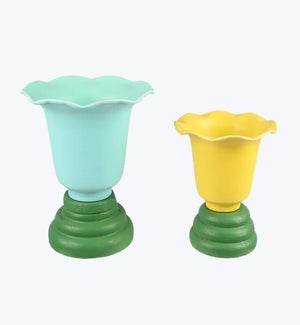 Metal Scallop Edge Planter on Pedestal 2/Set