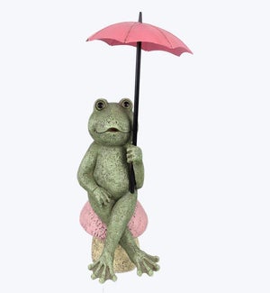 Resin Frog In the Rain with Metal Umbrella