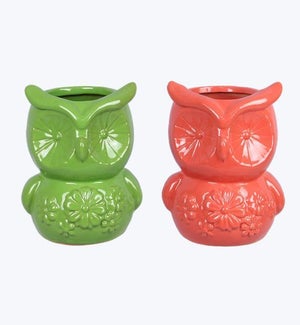 Stoneware Green and Pink Owl Planter 2 Ast