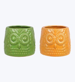 Stoneware Green and Yellow Owl Planter - Small, 2 Ast