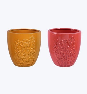 Stoneware Orange and Pink Flower Design Planter - Medium 2 Ast
