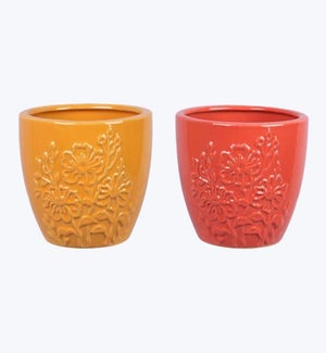 Stoneware Orange and Pink Flower Design Planter - Small, 2 Ast