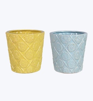 Stoneware Diamond Floral Design Planter - Large 2 Ast