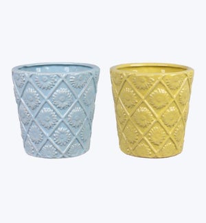 Stoneware Diamond Floral Design Planter - Small, 2 Ast