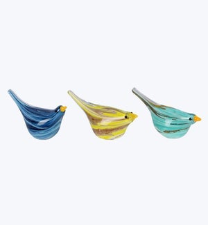 Handblown Glass Bird Figurine Dark Blue/Yellow/Turquoise 3 Ast