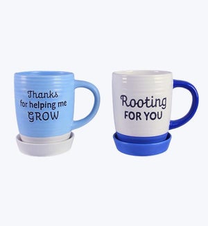 Ceramic Mug Planter with Coaster Blue and White 2 Ast