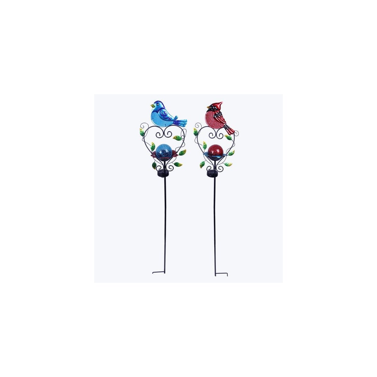 Metal Solar Bird On Heart Shape Stake, 2 Ast